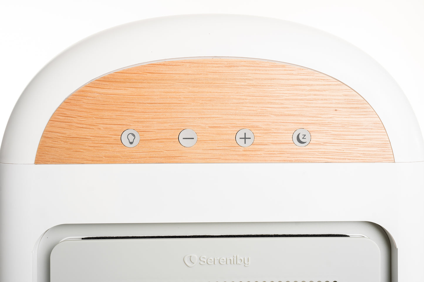 Close-Up of Sereniby Air Purifier Controls - Wood Finish Panel with Adjustable Settings for Customized Air Purification