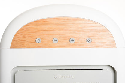 Close-Up of Sereniby Air Purifier Controls - Wood Finish Panel with Adjustable Settings for Customized Air Purification